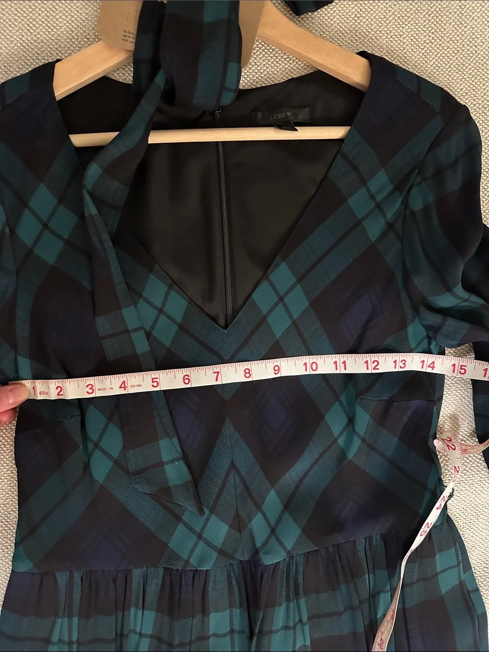 J. Crew Teal and Navy Plaid V-Neck Long Sleeve Tiered Dress